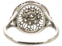 Edwardian Platinum & Diamond Cluster Ring with Openwork Detail and a Rose Diamond Border