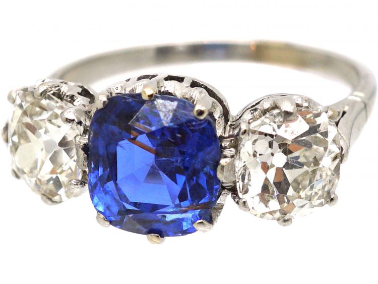 Art Deco Platinum, Large Sapphire & Diamond Three Stone Ring