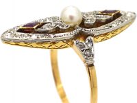 Art Deco 18ct Gold & Platinum, Diamond, Ruby & Natural Pearl Marquise Ring
