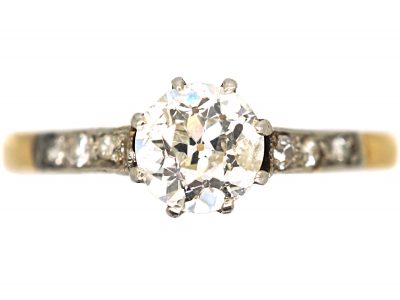 Art Deco 18ct Gold & Platinum, Diamond Solitaire Ring with Diamond Set Shoulders