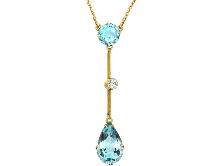 Art Deco 15ct Gold, Aquamarine & Diamond Pendant on Chain