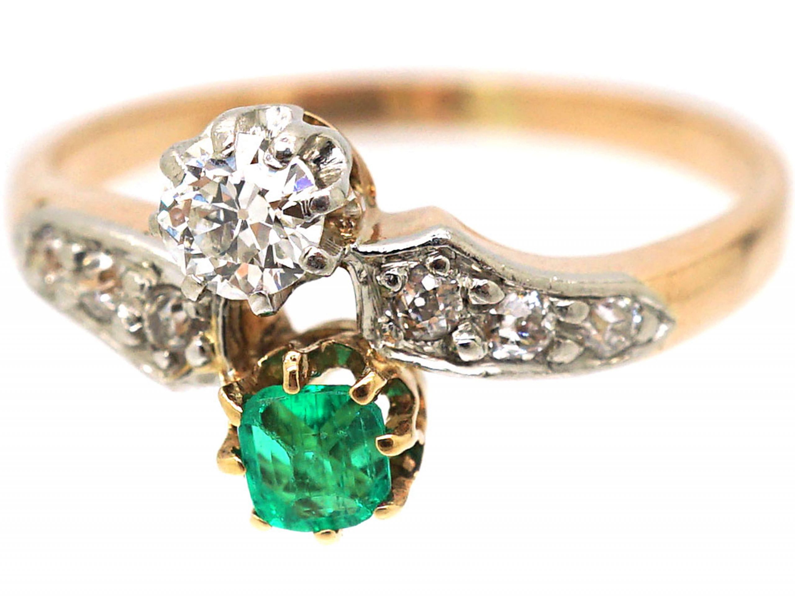 Edwardian 14ct Gold And Platinum Emerald And Diamond Crossover Ring 876r The Antique Jewellery 3249