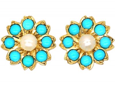 Edwardian 15ct Gold, Turquoise & Natural Split Pearl Forget me Not Earrings