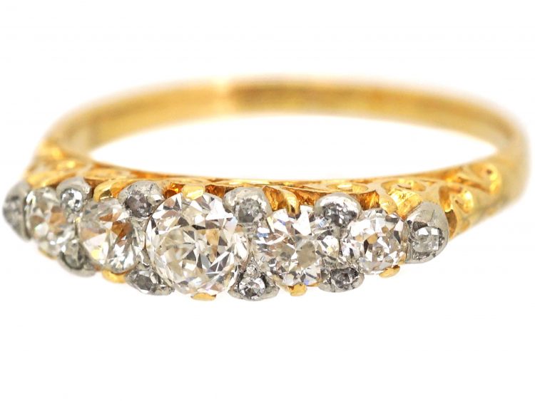 Edwardian 18ct Gold Five Stone Diamond Carved Half Hoop Ring with Diamond Points