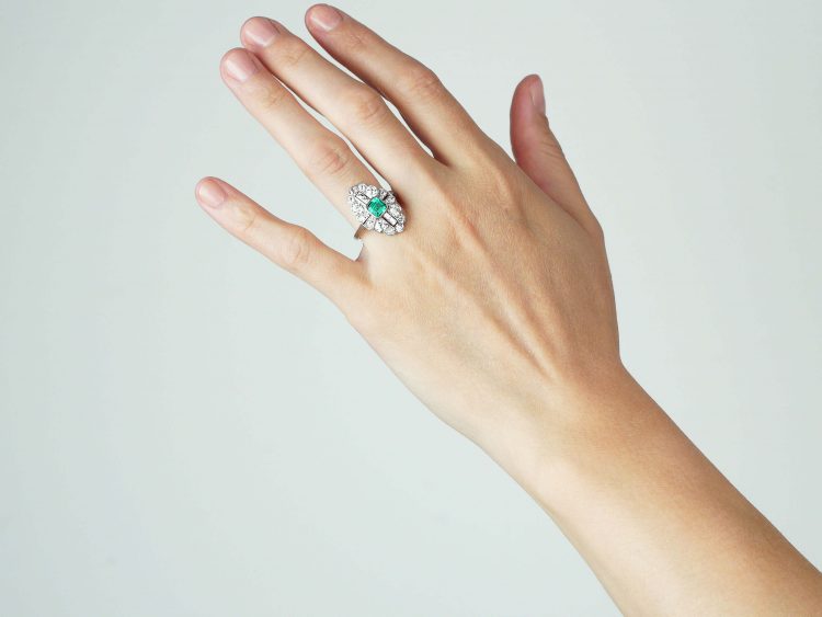 Art Deco Platinum, Emerald & Diamond Navette Shaped Ring