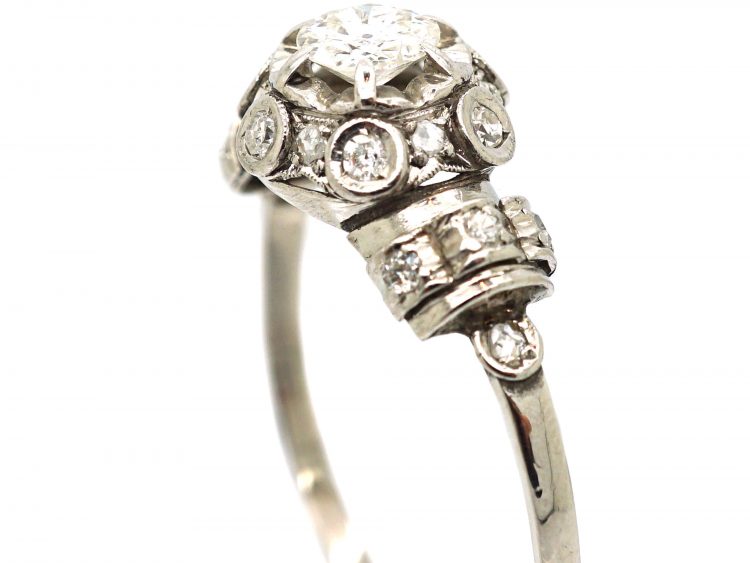 18ct White Gold Diamond Cluster Ring with Diamond Set Bands on the Shoulders