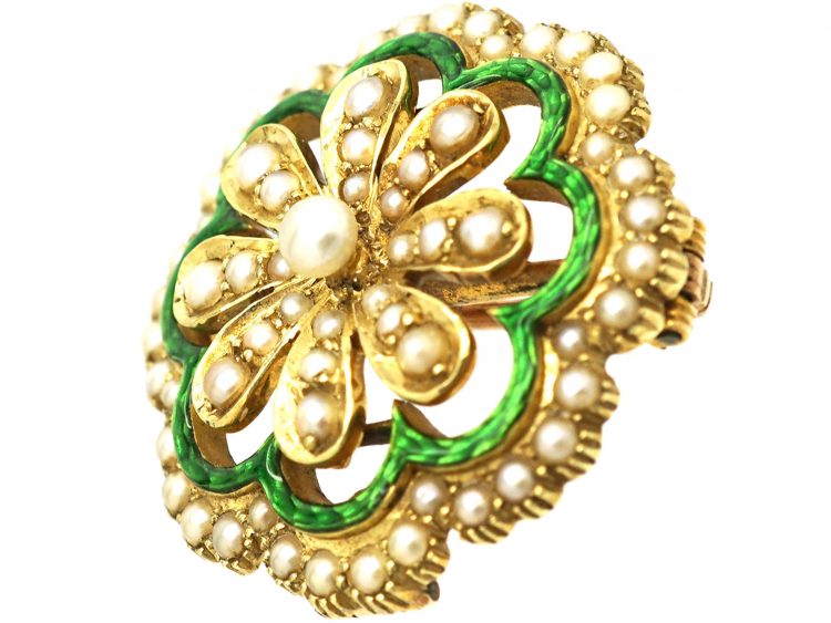 Edwardian 15ct Gold, Green Enamel & Natural Split Pearls Flower Pendant & Brooch