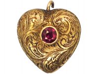 Georgian Small 15ct Gold Engraved Heart Pendant set with Ruby with a Glazed Locket on the Reverse