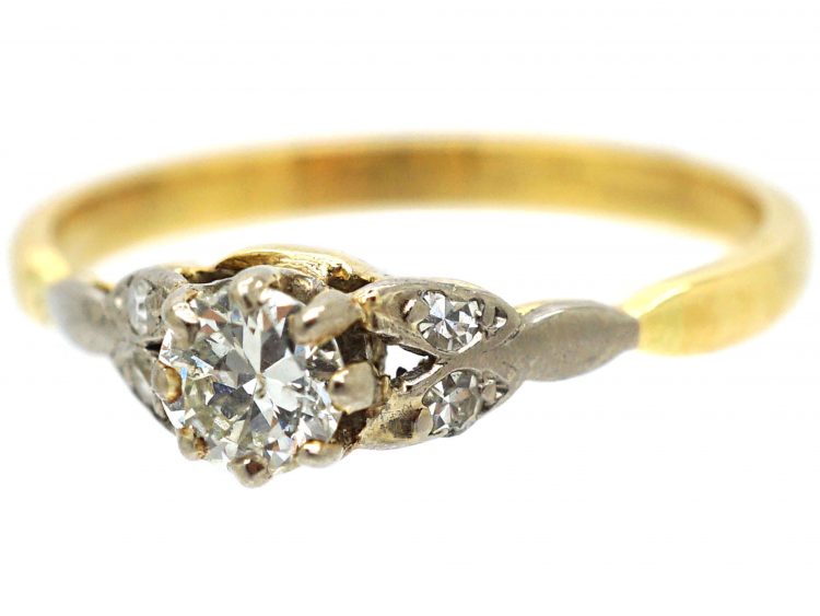 Art Deco Diamond Solitaire Ring with Diamond Set Leaf Shoulders