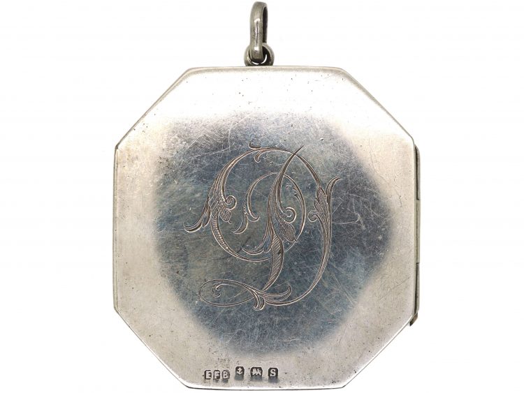 Large Silver Octagonal Locket with D Monogram