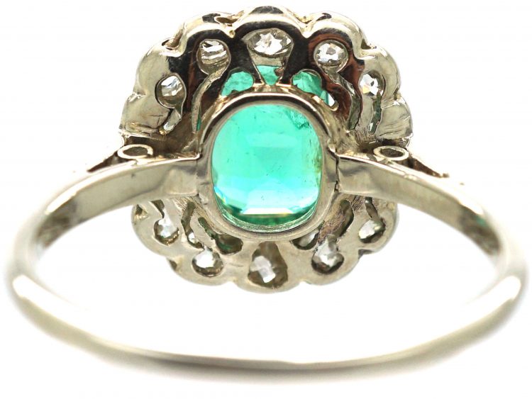 Art Deco 14ct White Gold, Emerald & Diamond Cluster Ring