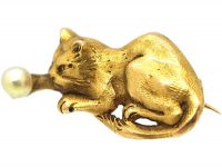 Edwardian 18ct Gold Brooch of a Cat Holding a Natural Pearl
