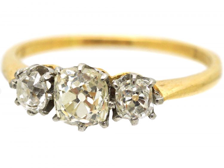 Edwardian 18ct Gold, Three Stone Old Mine Cut Diamond Ring