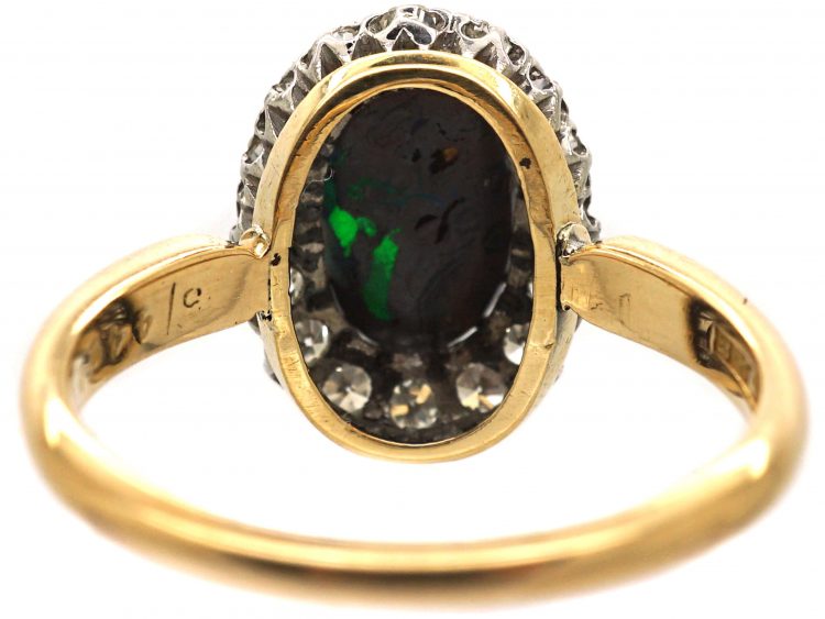 Edwardian 18ct Gold, Wood Opal & Diamond Cluster Ring