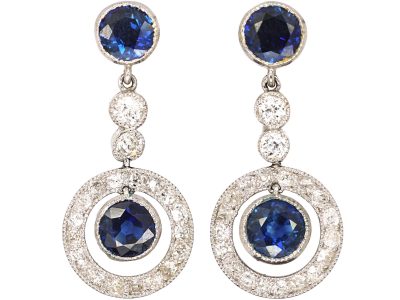 Art Deco Platinum, Sapphire & Diamond Drop Earrings