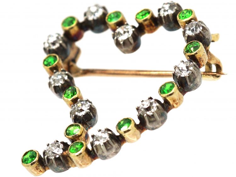 Edwardian 15ct Gold, Green Garnet & Diamond Witches Heart Brooch in Original Case