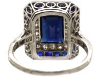 French Art Deco Platinum, Sapphire & Diamond Rectangular Ring with Diamond Set Shoulders