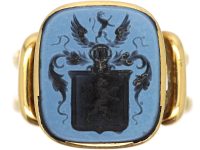 Victorian 18ct Gold Signet Ring with Banded Onyx Intaglio of a Crest
