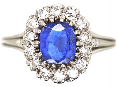 Art Deco 18ct White Gold, Sapphire & Diamond Cluster Ring