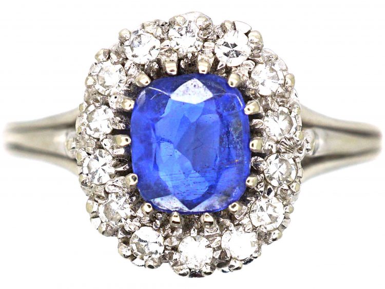 Art Deco 18ct White Gold, Sapphire & Diamond Cluster Ring