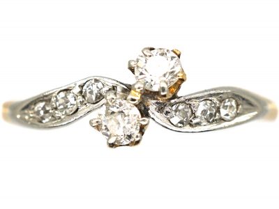 Edwardian 18ct Gold & Platinum, Two Stone Diamond Crossover Ring With Diamond Shoulders