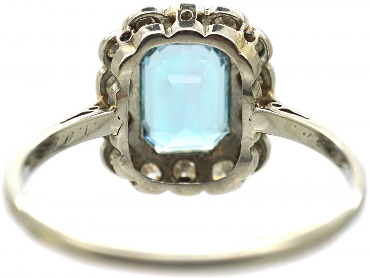 Art Deco 18ct White Gold & Platinum, Aquamarine & Diamond Rectangular Cluster Ring