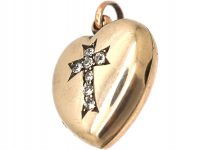 Edwardian 9ct Gold Back & Front Heart Shaped Locket with Cross Motif set with Paste