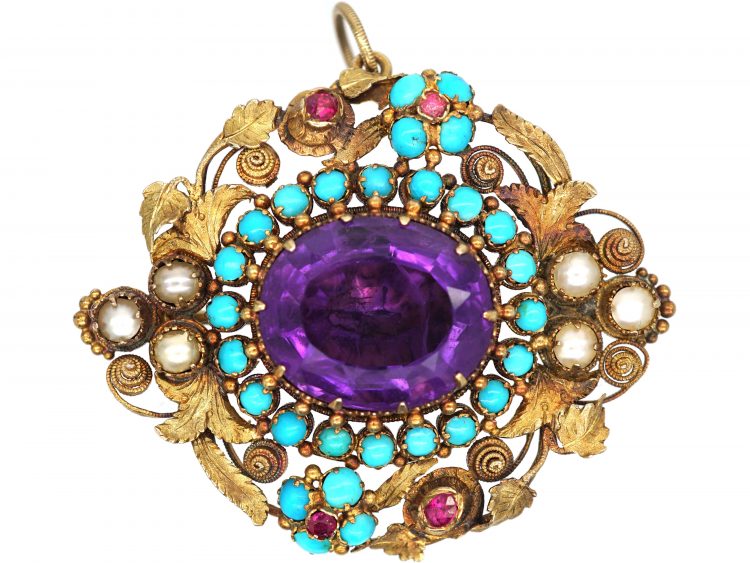 Regency 15ct Two Colour Gold Forget me Not Pendant, Brooch set with an Amethyst, Turquoise & Natural Split Pearls