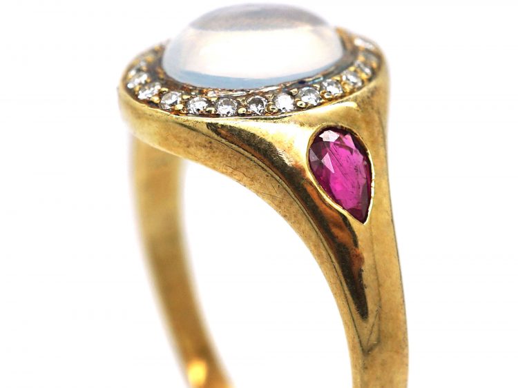 Art Deco 18ct Gold, Moonstone, Diamond & Ruby Ring