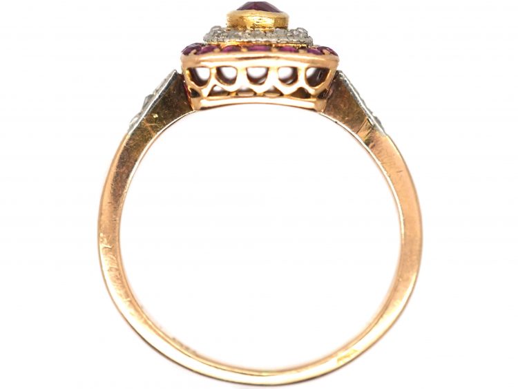 Art Deco 14ct Gold & Platinum, Ruby & Rose Diamond Rectangular Shaped Ring with Diamond Set Shoulders