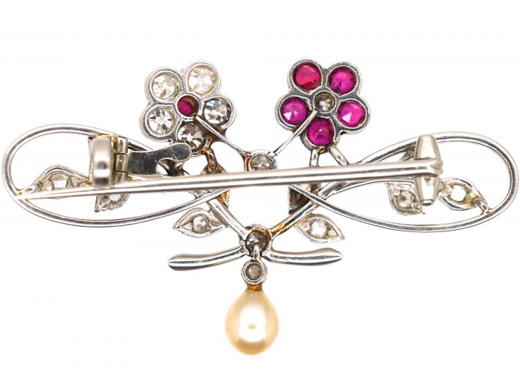 Edwardian Platinum Double Flower Brooch set with Rubies & Diamonds & a Natural Split Pearl
