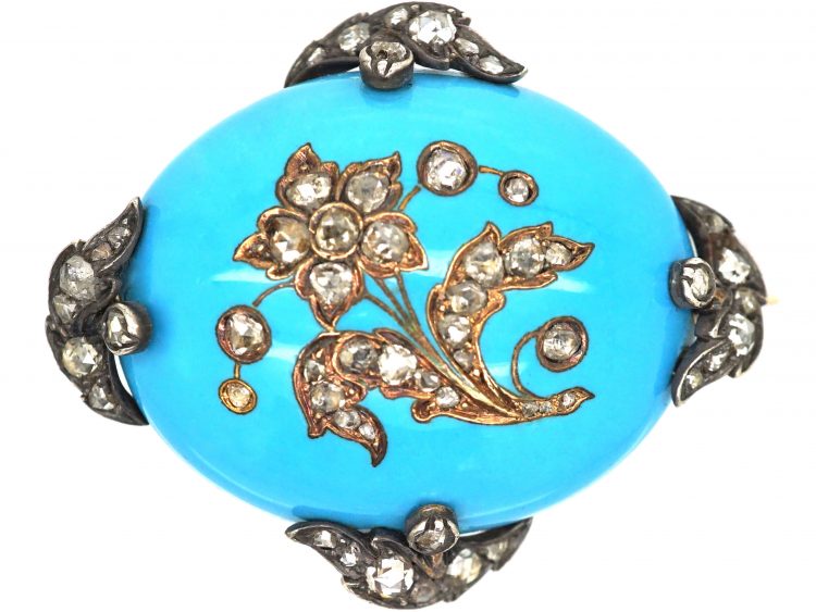 Victorian 15ct Gold, Turquoise Enamel Brooch with Rose Diamond Set Forget me Not Flower