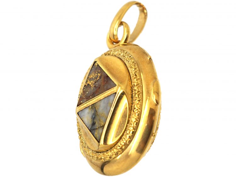 American 19th Century Gold Rush  18ct Gold Oval Locket set with Gold in Quartz