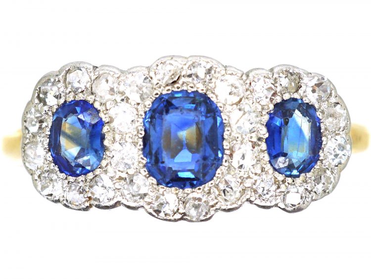 Edwardian 18ct Gold & Platinum, Triple Cluster Ring set with Sapphires & Diamonds
