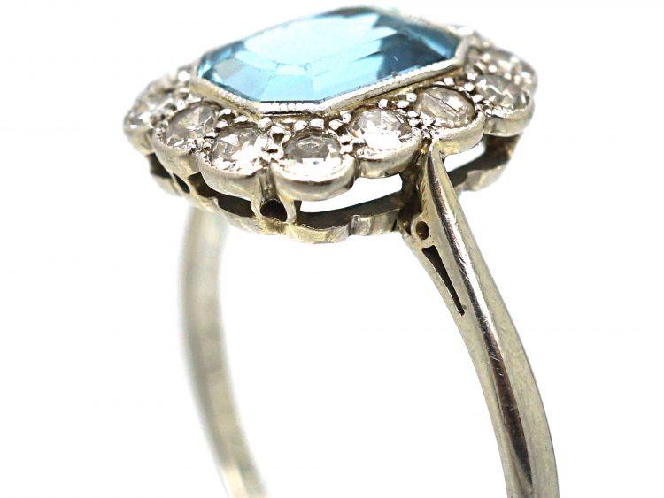 Art Deco 18ct White Gold & Platinum, Aquamarine & Diamond Rectangular Cluster Ring