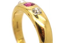 Edwardian 18ct Gold, Pink Sapphire & Diamond Three Stone Rub Over Ring