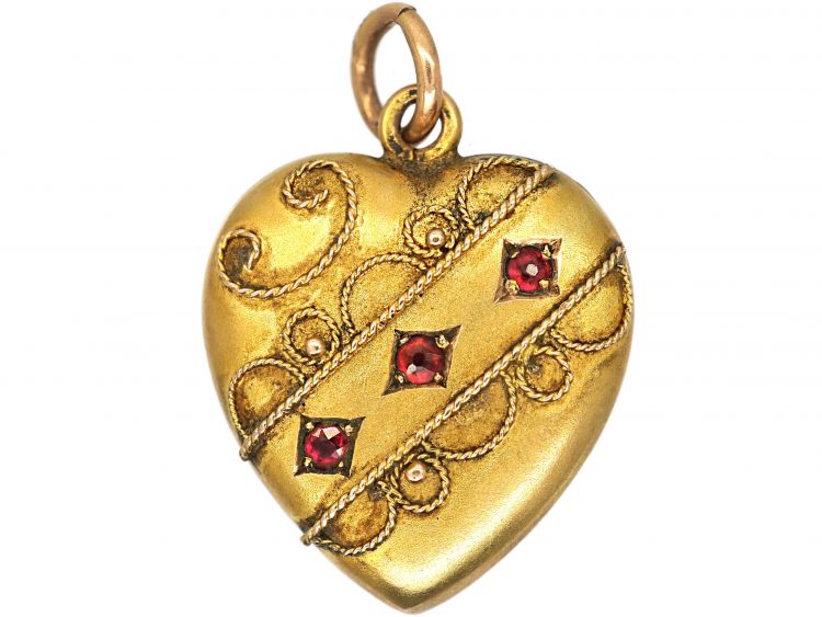 Edwardian 9ct Gold Heart Shaped Pendant set with Three Rubies
