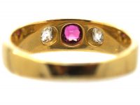 Edwardian 18ct Gold, Pink Sapphire & Diamond Three Stone Rub Over Ring