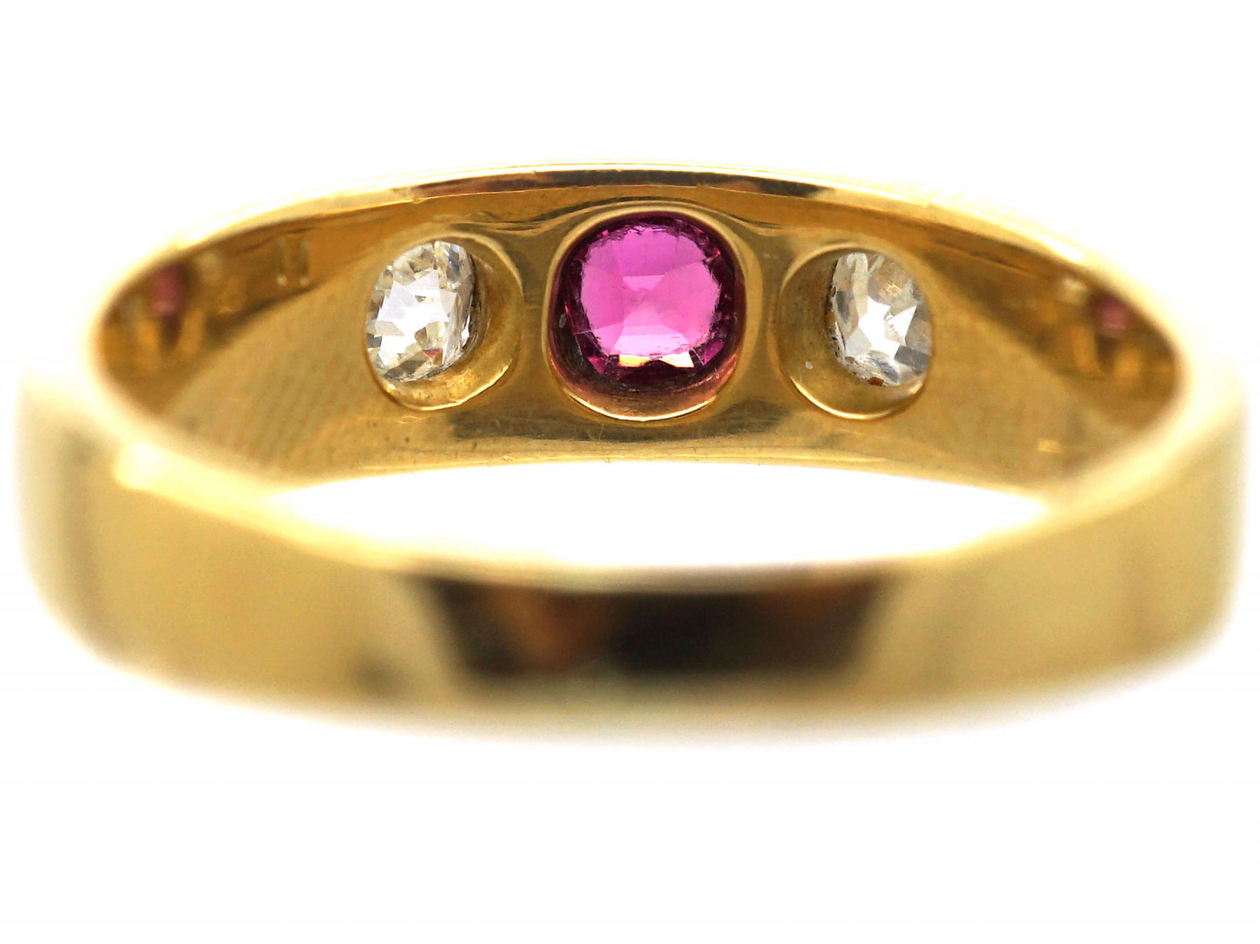 Edwardian 18ct Gold, Pink Sapphire & Diamond Three Stone Rub Over Ring ...