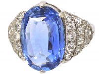 Art Deco 18ct White Gold, Large Ceylon Sapphire Ring with Old Mine Cut Stepped Shoulders