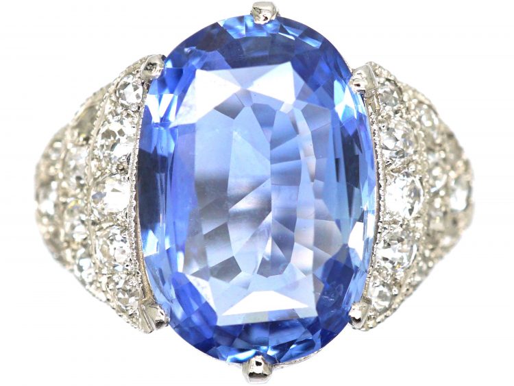 Art Deco 18ct White Gold, Large Ceylon Sapphire Ring with Old Mine Cut Stepped Shoulders