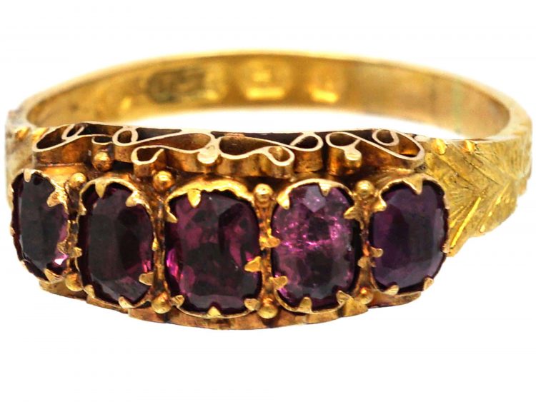 Victorian 15ct Gold, Five Stone Almandine Garnet Ring with Engraved Shank