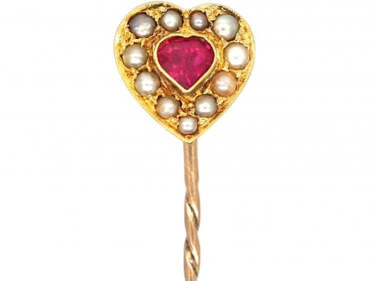 Edwardian 15ct Gold, Heart Shaped Tie Pin set with a Ruby & Natural Split Pearls