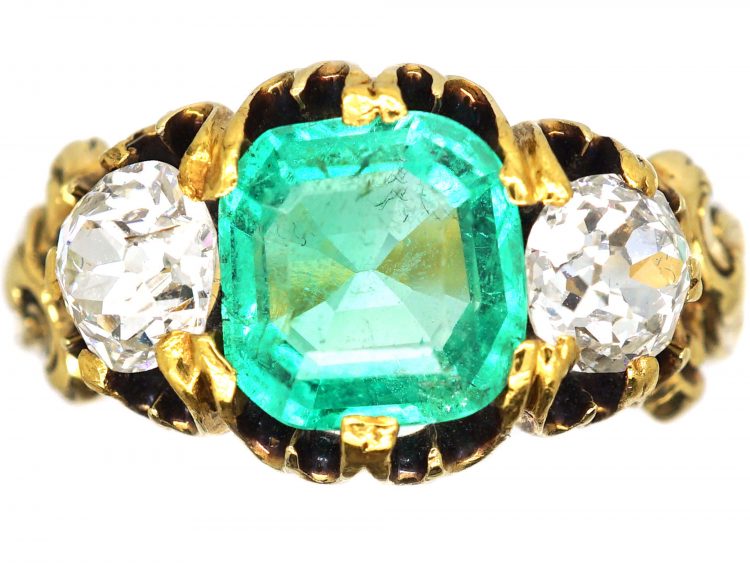 Victorian 18ct Gold, Emerald and Diamond Three Stone Ring