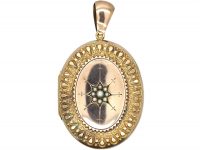 Victorian 9ct Back & Front Oval Locket with Star Motif set with Natural Split Pearls