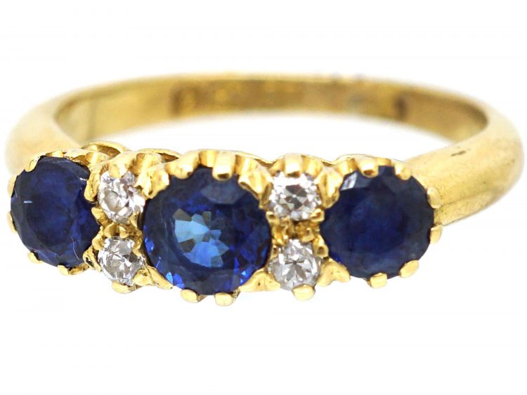 Victorian 18ct Gold Sapphire & Diamond Three Stone Ring