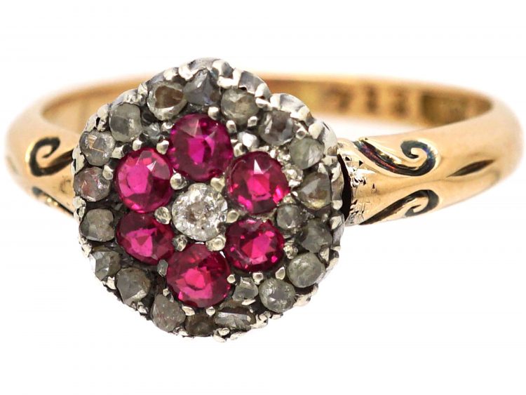 Edwardian 18ct Gold, Ruby and Diamond Cluster Ring