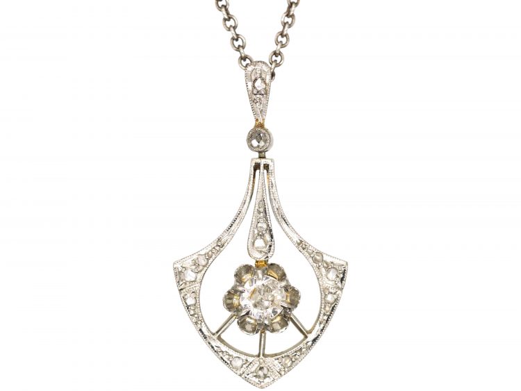 Art Deco 14ct White Gold & Diamond Pendant on Silver Chain