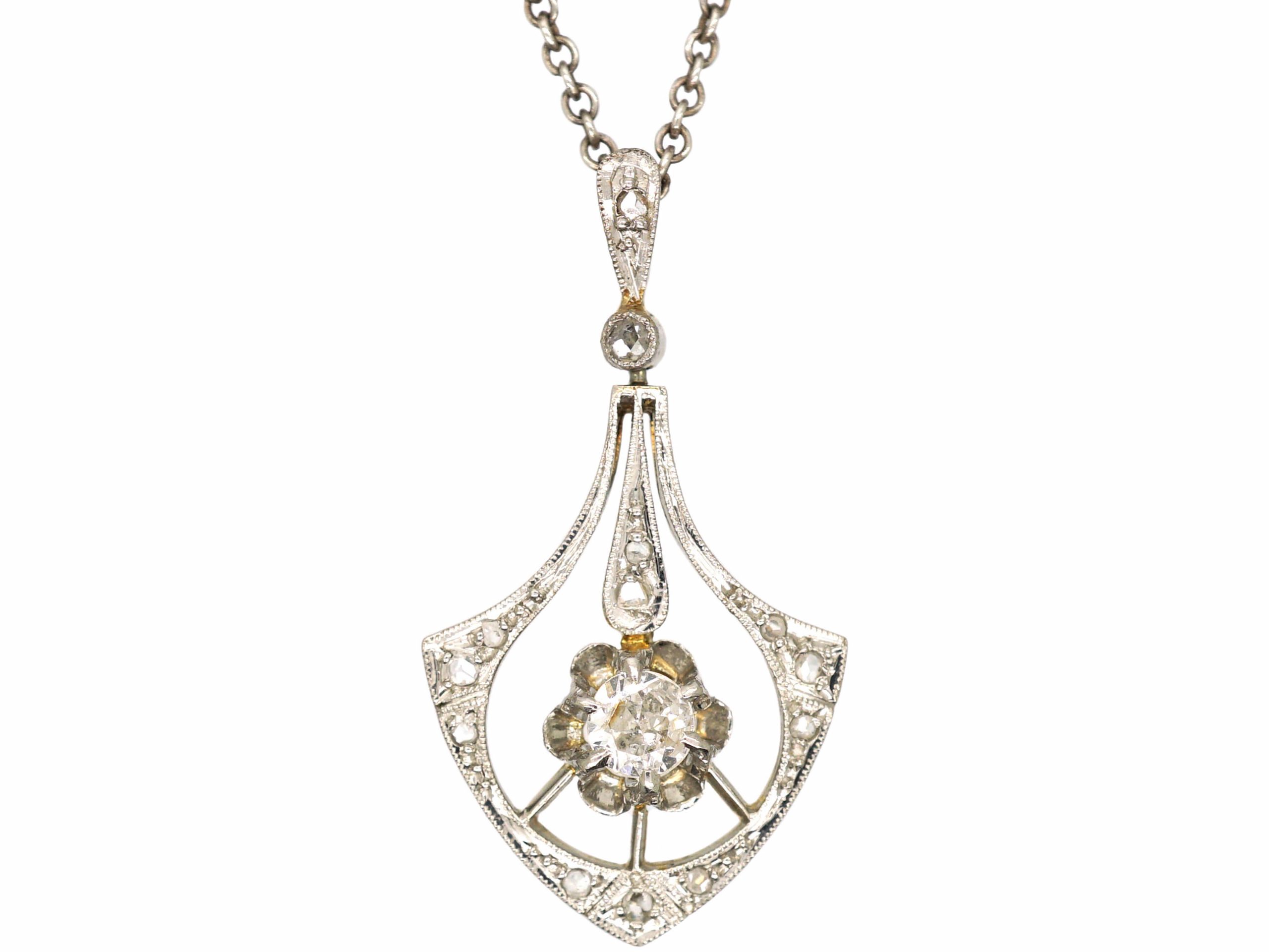 Art Deco 14ct White Gold & Diamond Pendant on Silver Chain (39S) | The ...