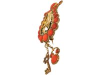 Georgian 9ct Gold & Coral Lyre Brooch with Lock & Key